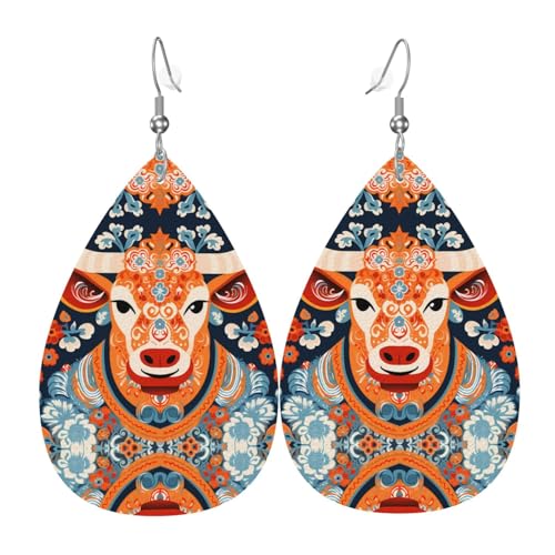 JKDGOJ Robuste Ohrringe mit Rindermuster, Wassertropfen-Anhänger und Leder-Ohrringe, geeignet als Urlaubsgeschenk für Frauen von JKDGOJ