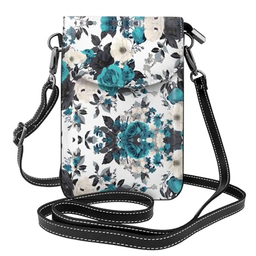 JKDGOJ Schwarz-Weiß-Blaugrün-Grau-Rosen-Blumen-Druck-Umhängetasche, Handytasche, kleine Damen-Geldbörse, ein praktisches Geschenk zum Ausgehen, Trainieren und Einkaufen von JKDGOJ