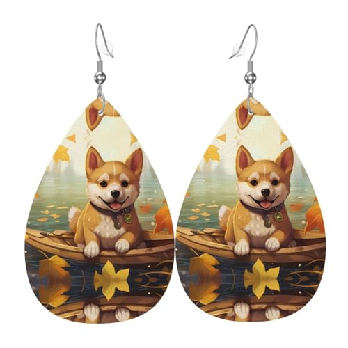JKDGOJ Shiba Inu on Board Muster Wassertropfen-Anhänger Ohrringe und Leder-Ohrringe, geeignet als Feiertags-Geburtstagsgeschenk für Frauen von JKDGOJ