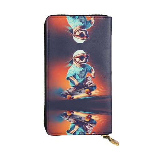 JKDGOJ Skateboarding with Dogs Prints Damen-Geldbörse aus Leder, lange Handtasche, großes Fassungsvermögen, Kreditkarten-Reißverschlusstasche von JKDGOJ