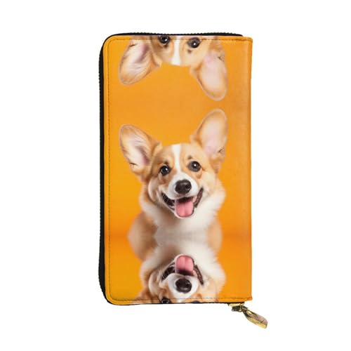 JKDGOJ Smiling Corgi Dog Prints Damen-Geldbörse aus Leder, lange Handtasche, großes Fassungsvermögen, Kreditkarten-Reißverschluss von JKDGOJ