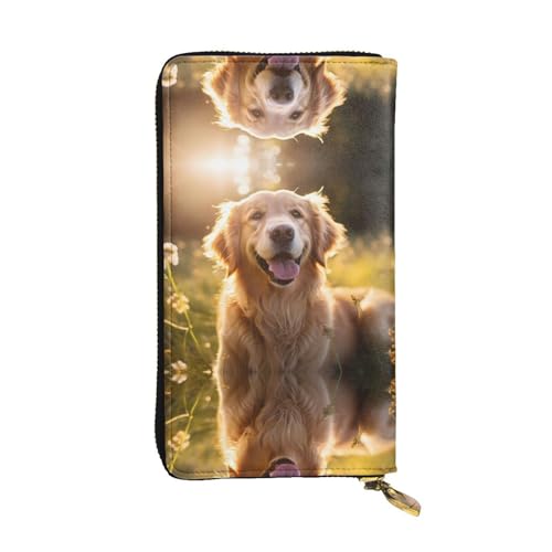 JKDGOJ Smiling Golden Retriever Prints Damen-Geldbörse aus Leder, lange Handtasche, großes Fassungsvermögen, Kreditkarten-Reißverschlusstasche von JKDGOJ