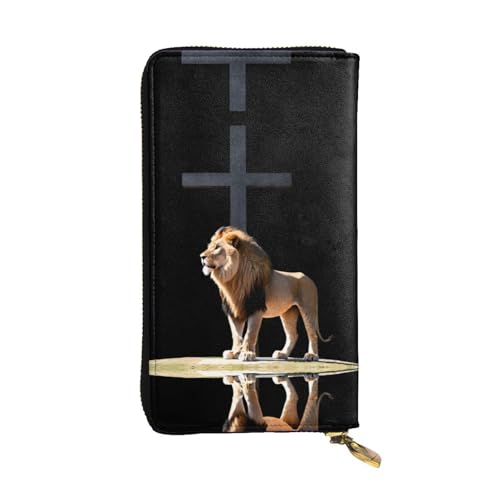 JKDGOJ The lion under the cross Prints Damen-Geldbörse aus Leder, lange Handtasche, großes Fassungsvermögen, Kreditkarten-Reißverschlusstasche von JKDGOJ