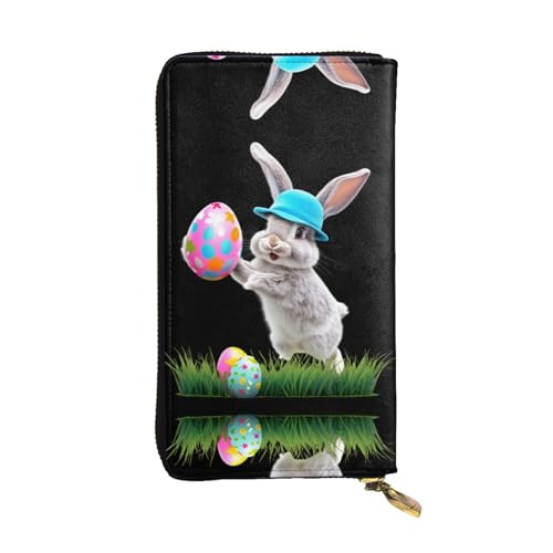 JKDGOJ The rabbit holding an easter egg Prints Damen Leder lange Handtasche große Kapazität Kreditkarte Reißverschluss Tasche von JKDGOJ