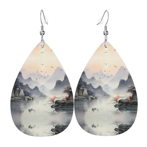 JKDGOJ Verzaubernde Landschaftsmuster, Wassertropfen-Anhänger und Leder-Ohrringe, geeignet als Urlaubsgeschenk für Frauen von JKDGOJ