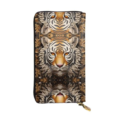 JKDGOJ Wild aussehende Tigerkopf-Prints, lange Damen-Geldbörse, Leder, große Kapazität, Kreditkarten-Reißverschlusstasche von JKDGOJ