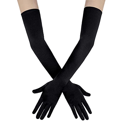 JKJF 1 Paar 1920s Satin Handschuhe Opera Fest Party Handschuhe Ellbogen Länge Satin Handschuhe Braut Hochzeit Handschuhe für Abschlussball Bankett Halloween Maskerade Party - Schwarz von JKJF