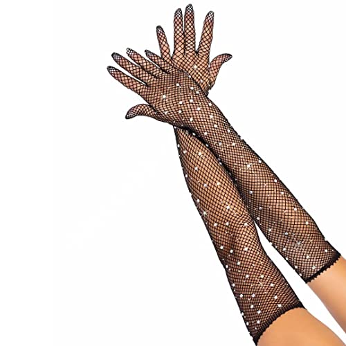 JKJF 1 Paar Strass Lange Fischnetz Handschuhe 80er Opera Fest Party Glänzend Netz Mesh für Hochzeit Halloween Maskerade Kostüm Motto - Schwarze, eRoot-JKJF-693, Einheitsgröße von JKJF