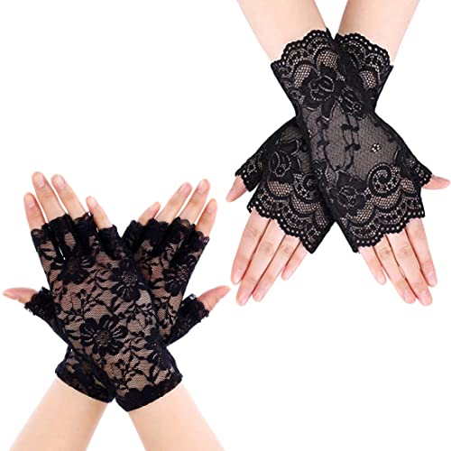 JKJF 2 Paar Fingerlose Spitze Handschuhe Spitze Halbfinger Handschuhe 1920s Opera Fest Party Handschuhe Braut Lace Handschuhe für Hochzeit Maskerade Kostüm Motto Party - Schwarz von JKJF