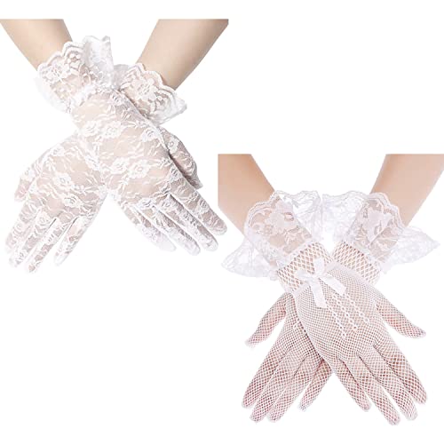 JKJF 2 Paar Kurz Spitzen Handschuhe Blumen Spitzen Handschuhe Netzhandschuhe 1920s Opera Fest Party Handschuhe Braut Handschuhe für Halloween Hochzeit Motto Party – Weiß Stil 1 von JKJF