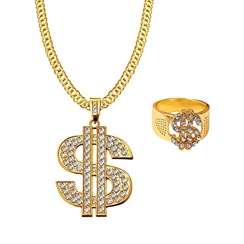 JKJF Dollar Zeichen Halskette Ringe Set Hip Hop Dollar Halskette Halsband 80er 90er Rapper Goldkette für Männer Frauen Mottoparty Karneval Party Cosplay Zubehör - Gold von JKJF