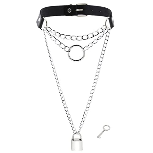 JKJF Gothic Leder Halsband Halskette Punk Leder Halsreif Choker Einstellbare O-Ring Halsband Kragen mit Schloss für Frauen Männer Party Cosplay Zubehör - Silber von JKJF