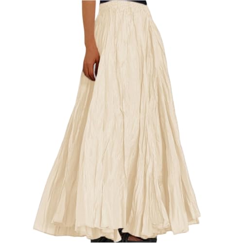 Lang Rock Damen Sommer Hohe Taille Maxi Rock Faltenrock Strandrock Freizeitrock Elegant A-Line Große Größen Röcke Elastic Waistband Bequeme Plisseerock Beige S von JKJFJKA