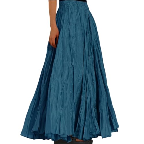 Lang Rock Damen Sommer Hohe Taille Maxi Rock Faltenrock Strandrock Freizeitrock Elegant A-Line Große Größen Röcke Elastic Waistband Bequeme Plisseerock Blau L von JKJFJKA