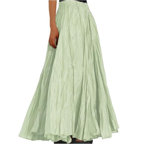 Lang Rock Damen Sommer Hohe Taille Maxi Rock Faltenrock Strandrock Freizeitrock Elegant A-Line Große Größen Röcke Elastic Waistband Bequeme Plisseerock Hellgrün XL von JKJFJKA