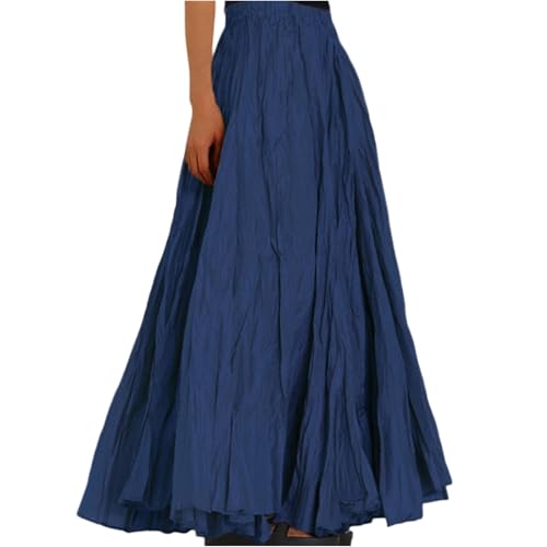 Lang Rock Damen Sommer Hohe Taille Maxi Rock Faltenrock Strandrock Freizeitrock Elegant A-Line Große Größen Röcke Elastic Waistband Bequeme Plisseerock Königsblau M von JKJFJKA