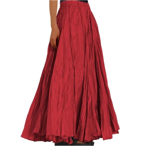 Lang Rock Damen Sommer Hohe Taille Maxi Rock Faltenrock Strandrock Freizeitrock Elegant A-Line Große Größen Röcke Elastic Waistband Bequeme Plisseerock Rot L von JKJFJKA