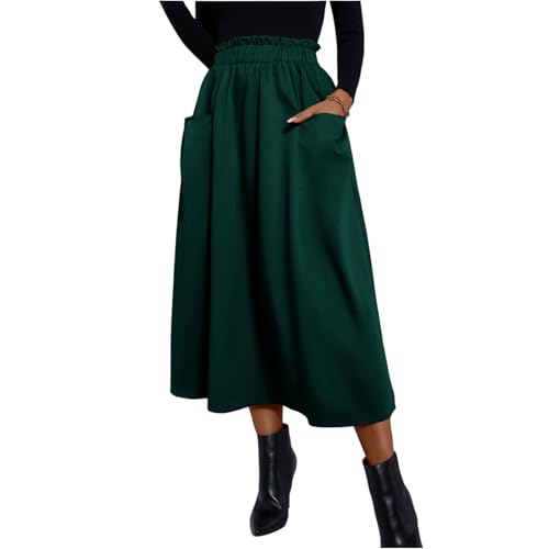 Maxi Rocke für Damen Sommer Solid Dehnbaren Freizeitrock mit Taschen Vacation Lang Sommerröcke A Line Elastische Tiefer Taille Röcke Dunkelgrün XL von JKJFJKA