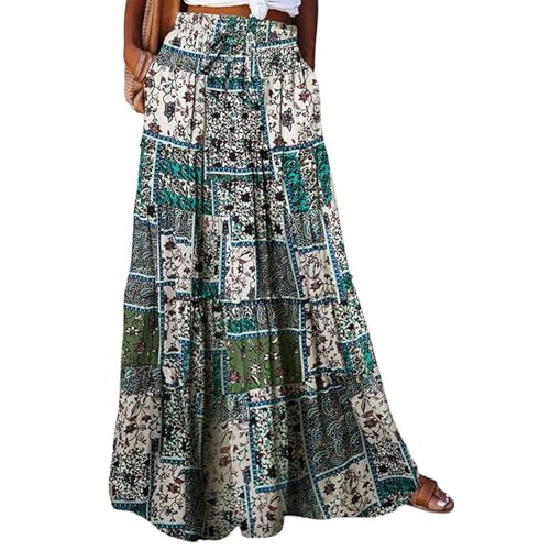 Rock Damen Lang Boho Blumen Hohe Elastische Taille Röcke mit Taschen und Gürtel Maxi Skirt Sommer Faltenrock Strandrock Freizeitrock Grün M von JKJFJKA