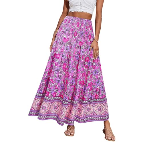 Rock Damen Lang Boho Gedruckter Hohe Taille Röcke Elegant Sommerrock Strandkleider A Linie Midi Plissee Freizeitrock Lila pink M von JKJFJKA
