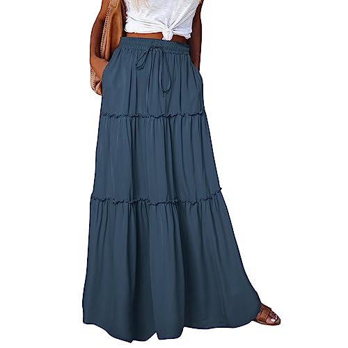 Rock Damen Lang Hohe Taille Röcke Elegant Maxirock Sommer A-Linie Schichtung Kordelzug Midi Freizeitrock Einfarbig Rock mit Taschen Blau XL Rock Damen Lang Hohe Taille Röcke Elegant Maxirock Sommer A-Linie Schichtung Kordelzug Midi Freizeitrock Einfarbig Rock mit Taschen Blau XL von JKJFJKA