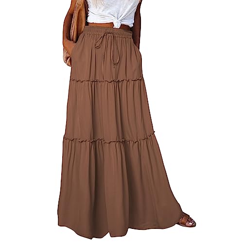 Rock Damen Lang Hohe Taille Röcke Elegant Maxirock Sommer A-Linie Schichtung Kordelzug Midi Freizeitrock Einfarbig Rock mit Taschen Braun XXL von JKJFJKA