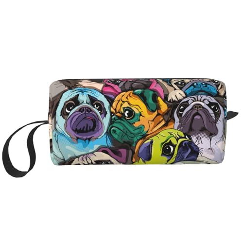 JKJOJIA Lustige Make-up-Tasche mit Mops-Motiv, kleine Kosmetiktasche, tragbare Reise-Kulturbeutel mit Griff, einfache Zubehöraufbewahrung, Reißverschlusstasche für Damen und Mädchen, Lustiger Mops, von JKJOJIA