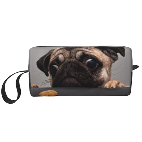 JKJOJIA Lustige Make-up-Tasche mit Mops-Motiv, kleine Kosmetiktasche, tragbare Reise-Kulturbeutel mit Griff, einfache Zubehöraufbewahrung, Reißverschlusstasche für Damen und Mädchen, Niedlicher von JKJOJIA