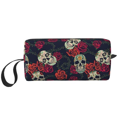 JKJOJIA Make-up-Tasche mit Totenkopf-Motiv, kleine Kosmetiktasche, tragbar, Reise-Kulturbeutel mit Griff, einfache Zubehöraufbewahrung, Reißverschlusstasche für Damen und Mädchen, Blühender von JKJOJIA