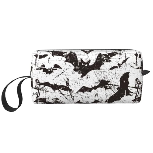 JKJOJIA Make-up-Tasche mit Totenkopf-Motiv, kleine Kosmetiktasche, tragbar, Reise-Kulturbeutel mit Griff, einfache Zubehöraufbewahrung, Reißverschlusstasche für Damen und Mädchen, Fledermaus von JKJOJIA