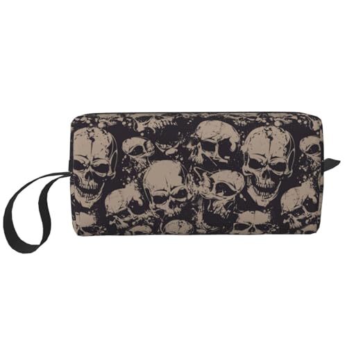 JKJOJIA Make-up-Tasche mit Totenkopf-Motiv, kleine Kosmetiktasche, tragbar, Reise-Kulturbeutel mit Griff, einfache Zubehöraufbewahrung, Reißverschlusstasche für Damen und Mädchen, Gruseliger Totenkopf von JKJOJIA