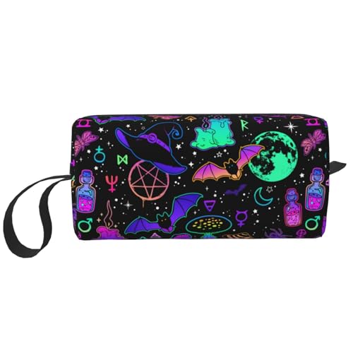 JKJOJIA Make-up-Tasche mit Totenkopf-Motiv, kleine Kosmetiktasche, tragbar, Reise-Kulturbeutel mit Griff, einfache Zubehöraufbewahrung, Reißverschlusstasche für Damen und Mädchen, Hexerei Hexe Hexe von JKJOJIA