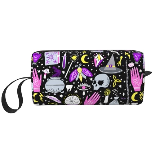 JKJOJIA Make-up-Tasche mit Totenkopf-Motiv, kleine Kosmetiktasche, tragbar, Reise-Kulturbeutel mit Griff, einfache Zubehöraufbewahrung, Reißverschlusstasche für Damen und Mädchen, Magische Hexe, von JKJOJIA