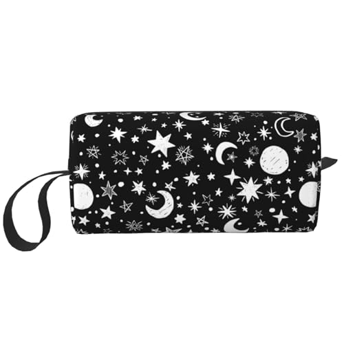 JKJOJIA Make-up-Tasche mit Totenkopf-Motiv, kleine Kosmetiktasche, tragbar, Reise-Kulturbeutel mit Griff, einfache Zubehöraufbewahrung, Reißverschlusstasche für Damen und Mädchen, Stern Mond, Schwarz von JKJOJIA