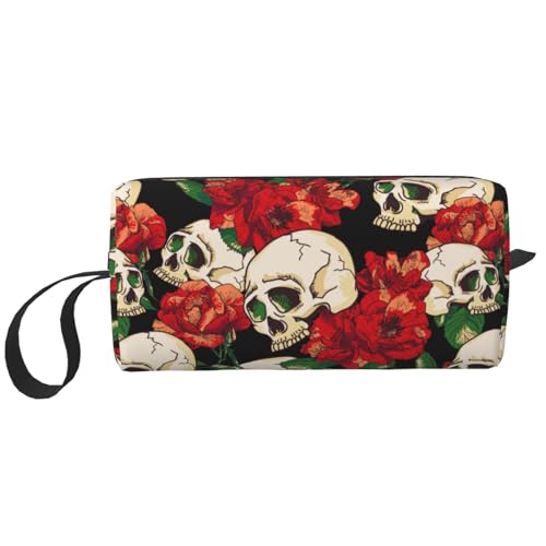 JKJOJIA Make-up-Tasche mit Totenkopf-Motiv, kleine Kosmetiktasche, tragbar, Reise-Kulturbeutel mit Griff, einfache Zubehöraufbewahrung, Reißverschlusstasche für Damen und Mädchen, Totenkopf Blume, von JKJOJIA