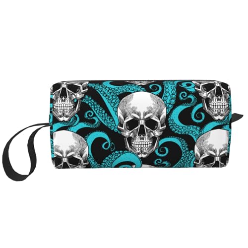 JKJOJIA Make-up-Tasche mit Totenkopf-Motiv, kleine Kosmetiktasche, tragbar, Reise-Kulturbeutel mit Griff, einfache Zubehöraufbewahrung, Reißverschlusstasche für Damen und Mädchen, Totenkopf-Oktopus, von JKJOJIA