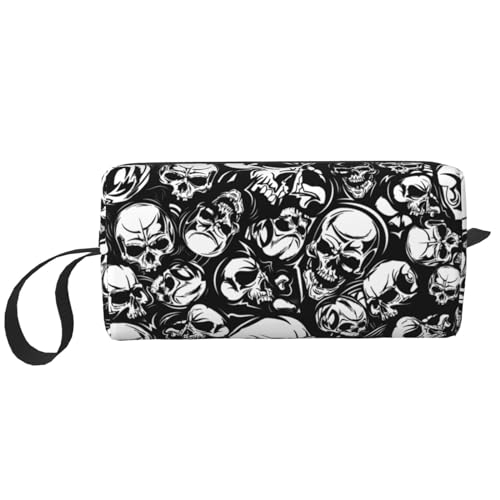 JKJOJIA Make-up-Tasche mit Totenkopf-Motiv, kleine Kosmetiktasche, tragbar, Reise-Kulturbeutel mit Griff, einfache Zubehöraufbewahrung, Reißverschlusstasche für Damen und Mädchen, Totenkopf-Horror, von JKJOJIA