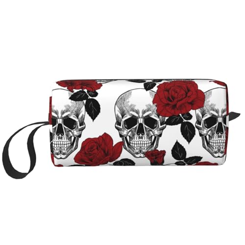 JKJOJIA Make-up-Tasche mit Totenkopf-Motiv, kleine Kosmetiktasche, tragbar, Reise-Kulturbeutel mit Griff, einfache Zubehöraufbewahrung, Reißverschlusstasche für Damen und Mädchen, Totenkopf Rote Rose, von JKJOJIA