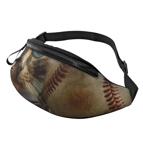 Baseball- und Katzen-bedruckte Hüfttasche mit Kopfhöreranschluss, personalisierte Bauchtaschen, Uni, Laufen, Wandern, Crossbody-Tasche für Männer und Frauen, Schwarz , Einheitsgröße von JKLQWC