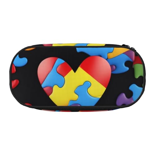 Federmäppchen mit doppeltem Reißverschluss und Netzfach und Stifthaltern – Autismus-Bewusstseins-Puzzleteile, Herzdrucke, Mehrzweck-Schreibwarenhalter, Reisefreundliche Kosmetiktasche für Schule, Büro von JKLQWC
