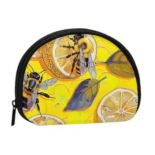 Gelbe Geldbörse mit Zitronen- und Bienen-Druck, für Damen, niedlich, kleine Kleingeldbörse, Mini-Münzgeldbörse, Beutel mit Reißverschluss, Schwarz , Einheitsgröße, Münztasche von JKLQWC