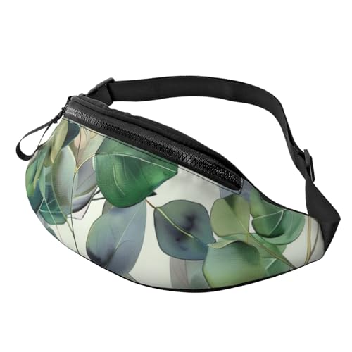 Grüne Eukalyptusblätter bedruckte Hüfttasche mit Kopfhöreranschluss, personalisierte Bauchtaschen, Uni, Laufen, Wandern, Crossbody-Tasche für Männer und Frauen, Schwarz , Einheitsgröße von JKLQWC