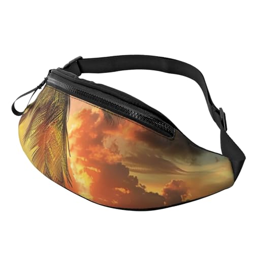 Gürteltasche mit Motiv tropischer Strand, Palme, Sonnenuntergang, bedruckt, mit Kopfhöreranschluss, Unisex, zum Laufen, Wandern, Crossbody-Tasche für Damen und Herren, Schwarz , Einheitsgröße, Sling von JKLQWC