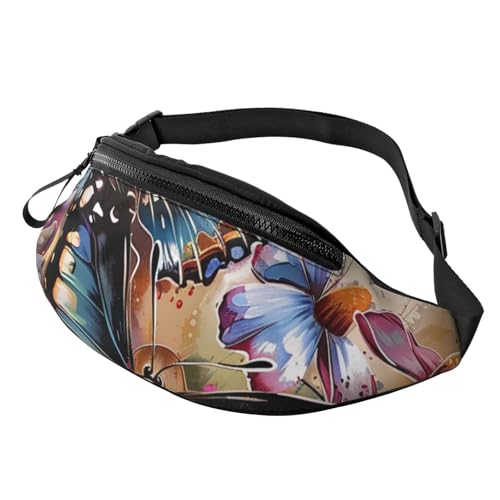 Gürteltasche mit Schmetterlingsblumen-Aufdruck, mit Kopfhöreranschluss, personalisierte Bauchtaschen, Unisex, Laufen, Wandern, Crossbody-Tasche für Männer und Frauen, Schwarz , Einheitsgröße, Sling von JKLQWC