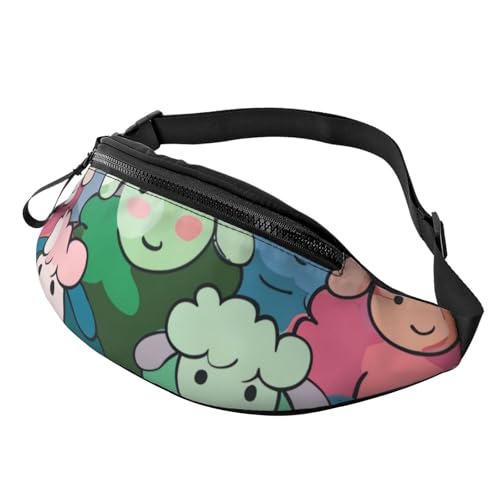 Hüfttasche mit niedlichem buntem Schaf, Cartoon-Muster, bedruckt, mit Kopfhöreranschluss, Unisex, zum Laufen, Wandern, Crossbody-Tasche für Damen und Herren, Schwarz , Einheitsgröße, Sling Rucksäcke von JKLQWC