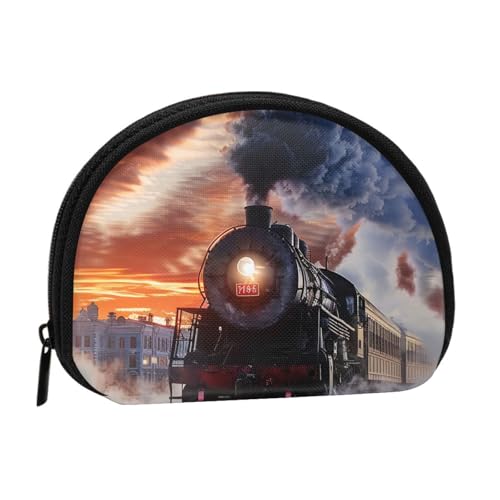 JKLQWC Bedruckte Münzbörse für Damen, Motiv: Dampfzug, Abfahrt, Sonnenuntergang, niedlich, klein, Kleingeldbörse mit Reißverschluss, Schwarz , Einheitsgröße, Modern von JKLQWC