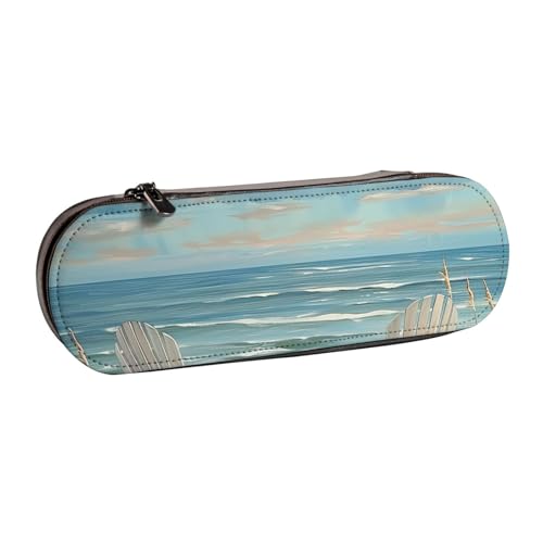 JKLQWC Bedrucktes Federmäppchen mit Strandszene mit Stühlen, niedliches Federmäppchen, PU-Leder, Reißverschluss, Federmäppchen, Organizer für Büro, Schule, Reisen, Schwarz , Einheitsgröße, Schulranzen von JKLQWC