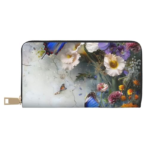JKLQWC Blumen und Schmetterling bedruckte lange Geldbörse für Damen Herren Lustige PU Leder Geldbörse mit Münzgeldbörse und Kartenhalter, weiß, Einheitsgröße, Modern von JKLQWC