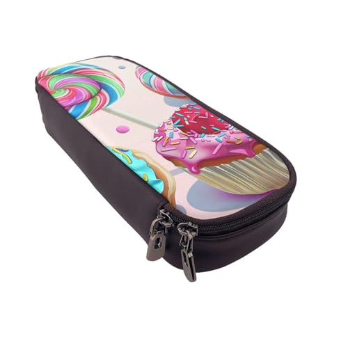 JKLQWC Buntes Federmäppchen mit süßem Lutscher-Motiv und Cupcake-Donut-Aufdruck, für Mädchen und Jungen, niedliches PU-Leder, Stiftebox mit Reißverschluss, für Büro, Schule, Schwarz , Einheitsgröße von JKLQWC