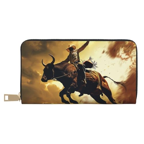 JKLQWC Coole Bull Riding bedruckte lange Geldbörse für Damen und Herren, lustige PU-Leder-Geldbörse mit Münzgeldbörse und Kartenhalter, weiß, Einheitsgröße, Modern von JKLQWC